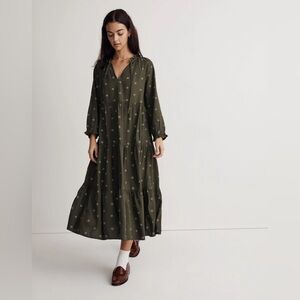 Madewell tie neck tiered midi dress in Stardot size XS green floral women’s